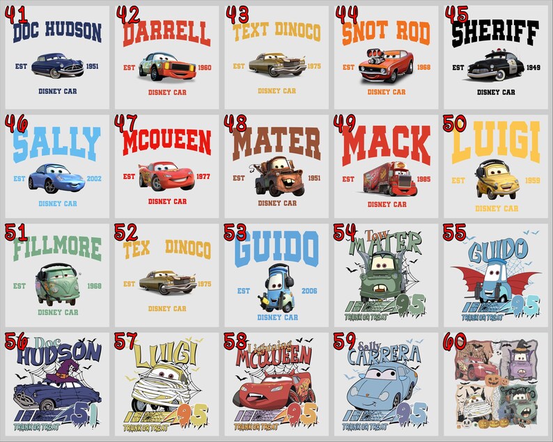 Puede incluir: Un collage de 60 dise&ntilde;os diferentes con personajes de la franquicia de pel&iacute;culas Cars de Disney Pixar. Cada dise&ntilde;o presenta un personaje diferente con su nombre y un logotipo de Disney Cars. Los dise&ntilde;os est&aacute;n dispuestos en una cuadr&iacute;cula de 6 filas y 10 columnas.