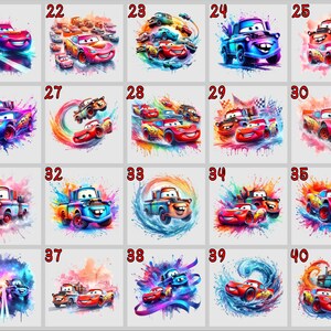 Puede incluir: Un conjunto de 40 ilustraciones digitales coloridas con el popular personaje de dibujos animados Rayo McQueen de la franquicia Disney Pixar Cars. Cada ilustraci&oacute;n presenta a Rayo McQueen en una pose y un escenario diferentes, con un efecto similar a la acuarela.
