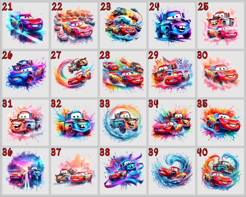 Puede incluir: Un conjunto de 40 ilustraciones digitales coloridas con el popular personaje de dibujos animados Rayo McQueen de la franquicia Disney Pixar Cars. Cada ilustraci&oacute;n presenta a Rayo McQueen en una pose y un escenario diferentes, con un efecto similar a la acuarela.