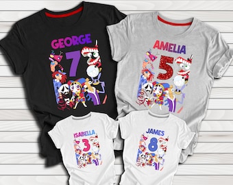 Camiseta de fiesta de cumpleaños de The Amazing Digital Circus, camiseta de cumpleaños personalizada, camiseta divertida con personajes de circo, camiseta de anime, camiseta de regalo de cumpleaños