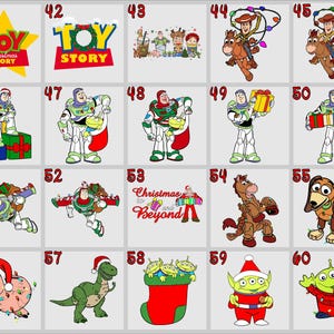 May include: A set of 60 Christmas-themed images featuring characters from the Toy Story franchise. The images include Woody, Buzz Lightyear, Jessie, and other characters from the movies. The images are in a variety of poses and expressions, and some of them are wearing Christmas hats or holding Christmas presents.