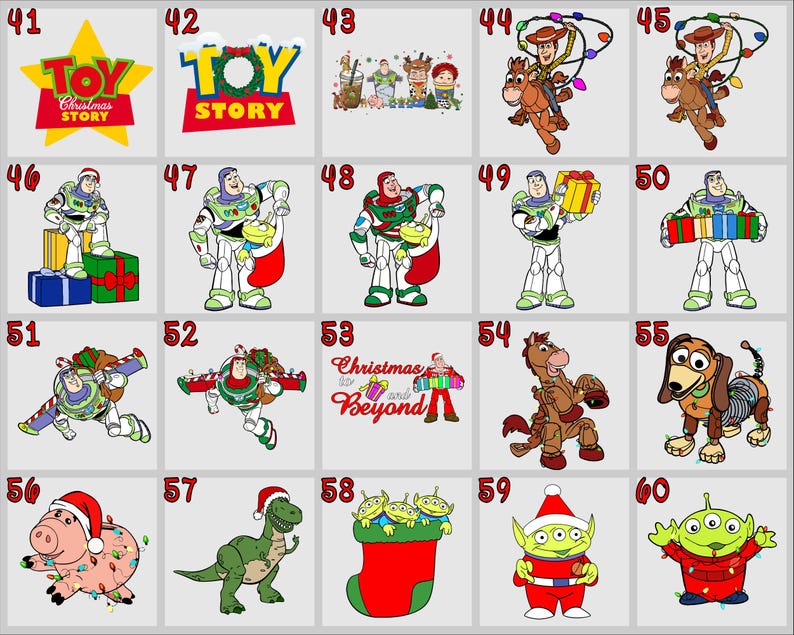 May include: A set of 60 Christmas-themed images featuring characters from the Toy Story franchise. The images include Woody, Buzz Lightyear, Jessie, and other characters from the movies. The images are in a variety of poses and expressions, and some of them are wearing Christmas hats or holding Christmas presents.