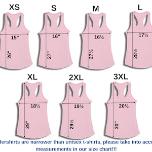 May include: Pink racerback tank tops in various sizes, labeled XS to 3XL, with measurements in inches. The image includes the text "Our undershirts are narrower than unisex t-shirts, please take into account the measurements in our size chart!!!"