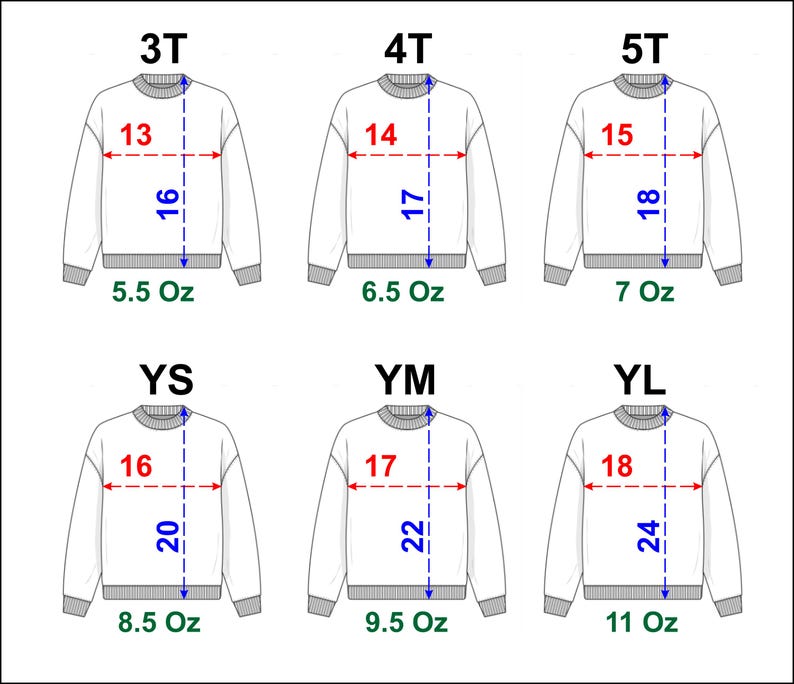 May include: Size chart for a sweatshirt with measurements in inches and ounces. The sizes are 3T, 4T, 5T, YS, YM, and YL.