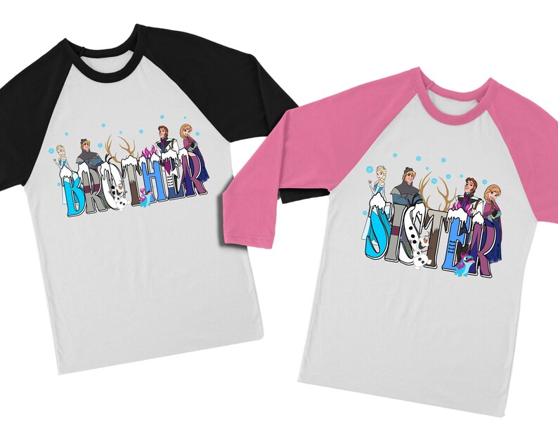 May include: Two white raglan shirts with cartoon characters and text. One shirt has black sleeves and the word "Brother" in blue and white letters. The other shirt has pink sleeves and the word "Sister".