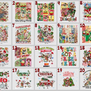 May include: Twenty colorful Christmas-themed designs featuring characters from the Toy Story franchise. Each design includes a different quote or phrase related to the movie.