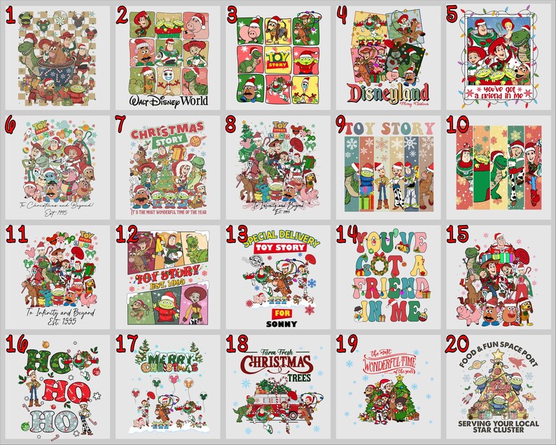 May include: Twenty colorful Christmas-themed designs featuring characters from the Toy Story franchise. Each design includes a different quote or phrase related to the movie.