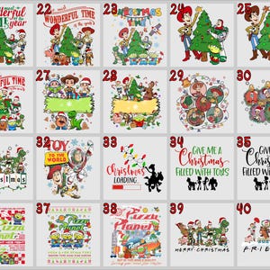 May include: A collage of 40 different Christmas designs featuring the characters from the Toy Story movies. The designs include various Christmas themes, such as "It's the most wonderful time of the year", "Christmas time", "Give me a Christmas filled with toys", and "Pizza Planet".