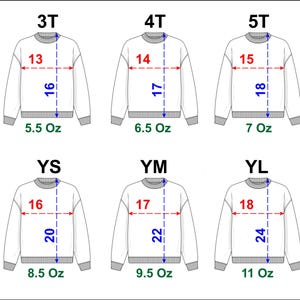 Puede incluir: Tabla de tallas para una sudadera con medidas en pulgadas y onzas. Las tallas son 3T, 4T, 5T, YS, YM y YL.