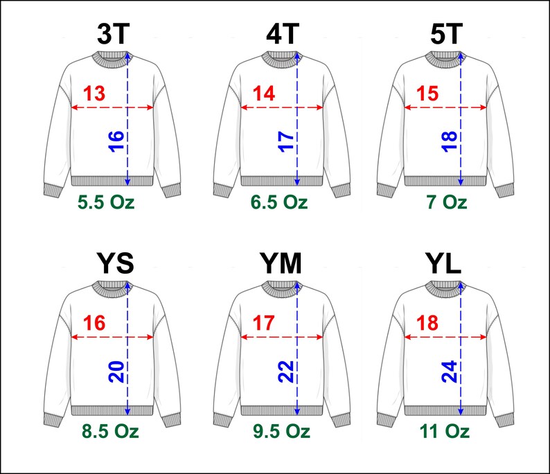 Puede incluir: Tabla de tallas para una sudadera con medidas en pulgadas y onzas. Las tallas son 3T, 4T, 5T, YS, YM y YL.
