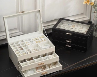 Leather Jewelry Organizer Box with Drawer for storage necklace,earrings,rings,bracelets