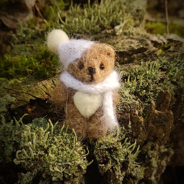 OOAK Teddy Bear Brooch, Needle Felted Alpaca Wool Artisan Bear Pin, Wearable Art Doll