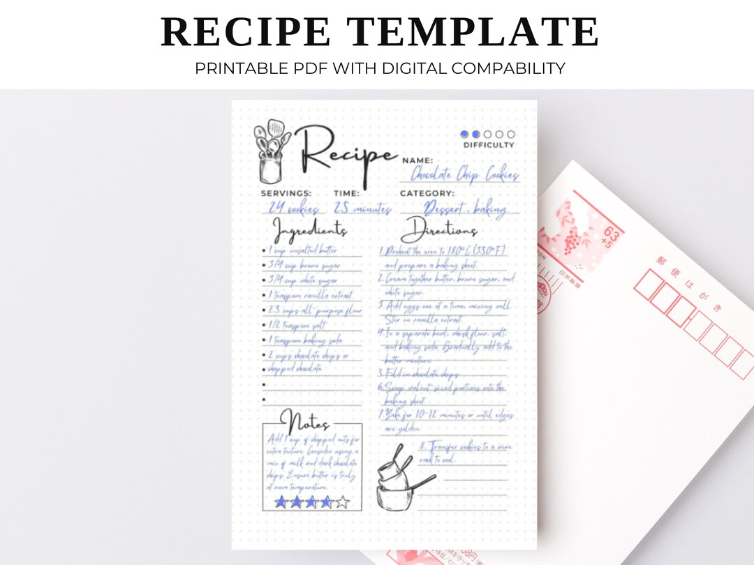 COOKBOOK & RECIPE Template Printable A5 Bullet Journal Page for Kitchen ...