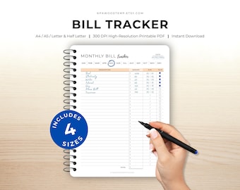Bill Tracker Printable: Monthly Budget Planner - A4, A5, Letter Sizes