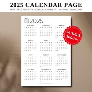 2025 Calendar Poster: Minimalist Planner (A4, A5, Letter Sizes) (Digital Download)