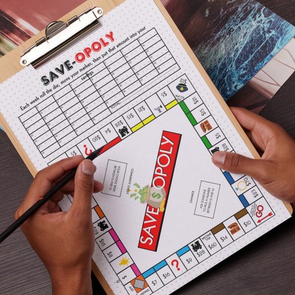 Saveopoly Savings Challenge: A5 Printable Journal Page - Budgeting, Savings Tracker Game, and Cash Stuffing