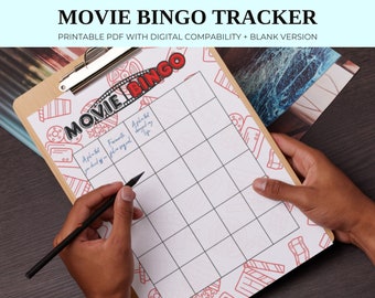 Movie Night Challenge - Movie Bingo Game & Printable Genre Tracker -A5 Bullet Journal - Monthly Planner Templates - Notion Template