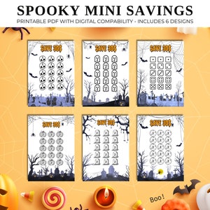 Kit de desafío de ahorro en miniatura espeluznante: carpeta de presupuesto, sobres para efectivo, diario de viñetas: paquete de Halloween