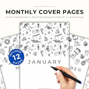 Monthly Planner Cover Pages - Printable Bullet Journal Cover Designs - Set of 12 A4&A5 Journal Title Page Templates