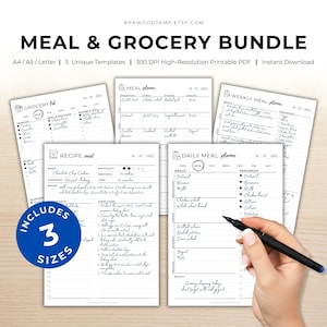 Planificador de comidas y lista de la compra - Plantilla imprimible de comidas diarias/semanales - Registro digital de comidas - Diario A4/A5/carta