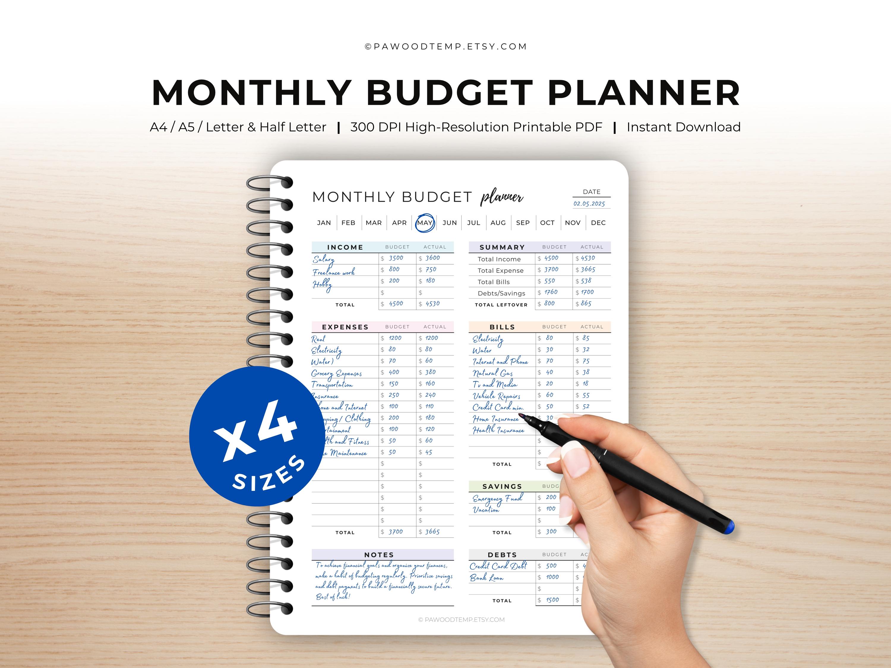 Monthly Budget Planner Printable: Finance Tracker (A4/A5/Letter/Half Letter) (PDF)
