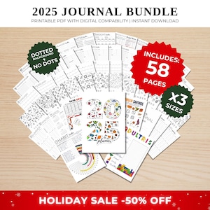 Paquete de Bullet Journal y calendario 2025: planificador digital, páginas de diario, tamaño A4, A5, carta de EE. UU., juego de 58 páginas