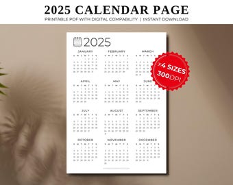 2025 Kalender Poster: Minimalistischer Planer (A4, A5, Letter Größen) (Digitaler Download)