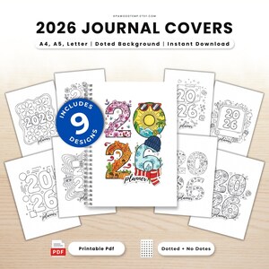 May include: A collection of 2026 journal covers with various designs, including floral, geometric, and seasonal themes. The image displays nine different cover options, with the text "2026 JOURNAL COVERS" at the top. The covers are available in A4, A5, and Letter sizes.