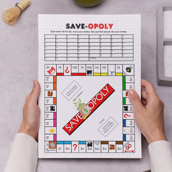 Saveopoly Savings Challenge - Página del diario A5 - Juego de ahorros IMPRIMIBLE - Rastreador de ahorros - Objetivo de ahorro - Juego de presupuesto