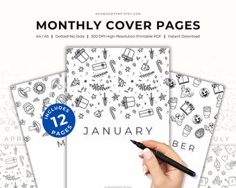 Maandelijkse plannervoorbladen – 12 afdrukbare bulletjournalomslagen, A4- en A5-titelpaginasjablonen