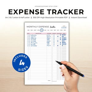 Plantilla imprimible de registro de gastos y seguimiento de gastos: Bullet Journal, seguimiento de finanzas y planificación (página A4/A5/carta/media carta)