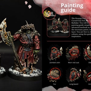 May include: A miniature figure of a warrior in a red coat, holding a large axe. The figure has green skin, a long beard, and is part of a painting guide. The guide includes text and illustrations detailing painting techniques.