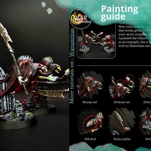 Peut inclure: Un guide de peinture avec le logo Warspiritus. L'image présente des figurines miniatures avec des détails rouges et noirs, dont une faux et un crâne. Le texte comprend "Bloody veil", "Ethereal veil", "Old skull" et "Rusty scythe".