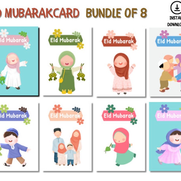 Eid Cards Assorted Pack of 8 | Eid Mubarak Cards Bundle | Greeting Cards for Eid | Bulk Eid Cards| Modern Eid Card | Eid Wish Card| 5"x7"