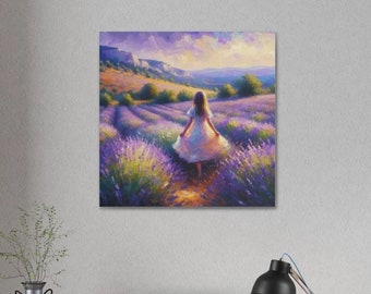 Canvaskunst lavendelveld: landschap impressionistisch meisje, uitgerekt
