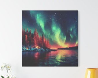 Northern Lights Canvas Art: Aurora Borealis Forest Landscape Print