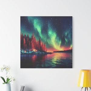 Northern Lights Canvas Art: Aurora Borealis Forest Landscape Print
