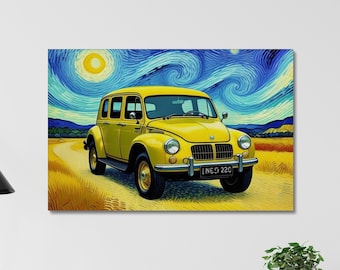 Van Gogh Style Yellow Car Canvas Art: Starry Night Inspired Print
