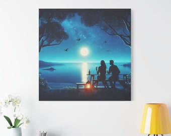 Romantic Couple Seascape Canvas Art: Starry Moonlight Scene