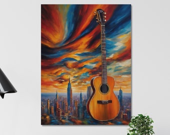 Acoustic Guitar Canvas Art: Vibrant Cityscape Musical Painting
