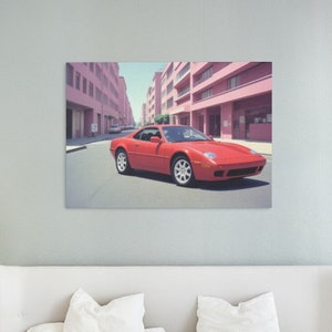 Red Sports Car Canvas Art: Retro Synthwave City Street Print