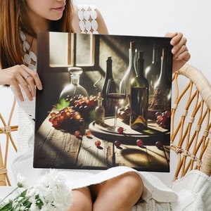 Vintage Wein Stillleben Leinwand Kunst, Weinflaschen und Glas Wandkunst, elegante Wein und Trauben Leinwand, Wohnkultur, Leinwand, Gestreckt, 3,2 cm