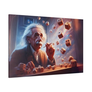 May include: A painting of Albert Einstein looking thoughtfully at a table with dice on it. The background is a swirling nebula with dice floating in it.
