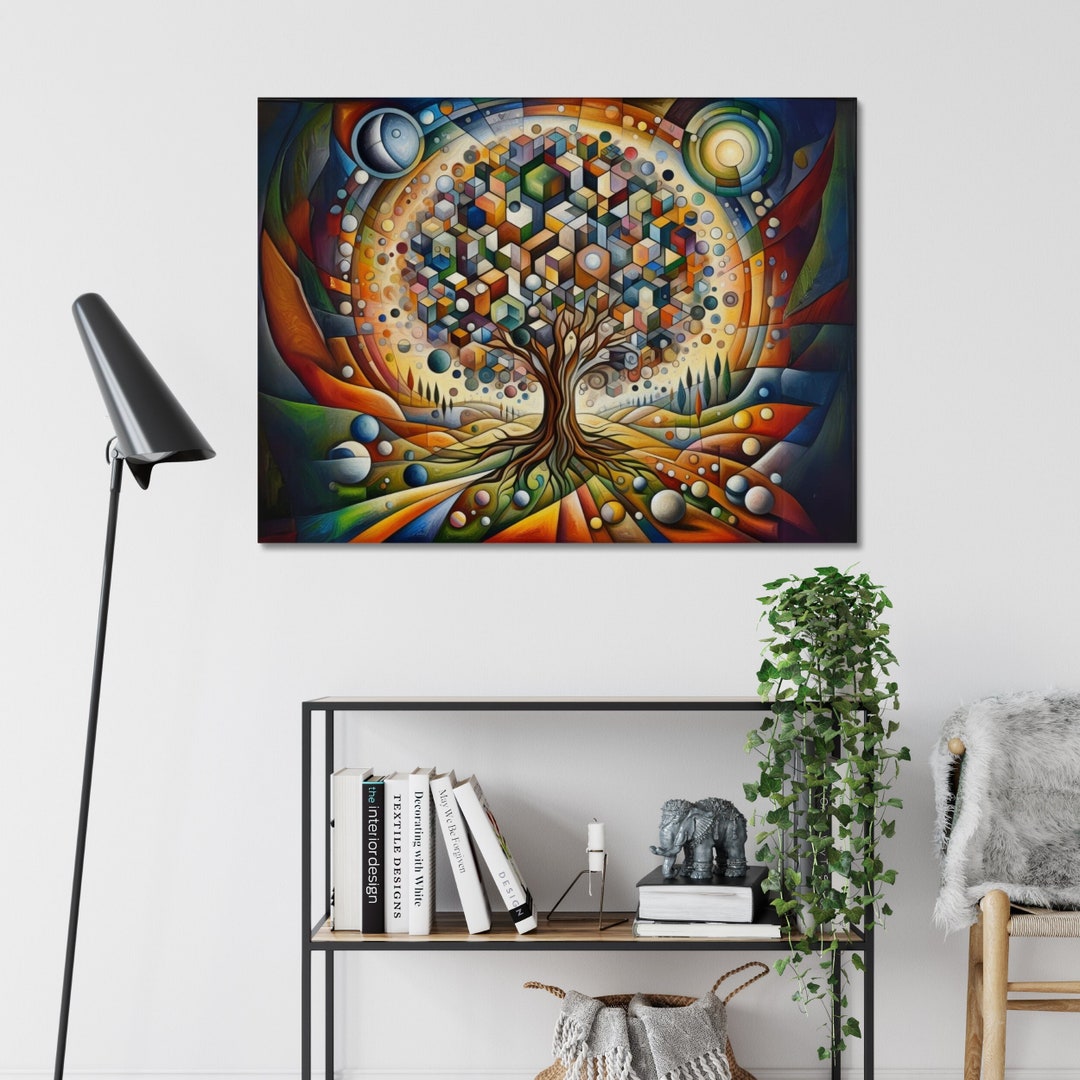 Cubism Drawing Tree Colorful Cubism Art Tree of Life Canvas, Abstract Geometric Tree Wall ...