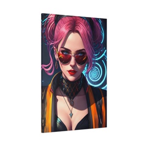 Cyberpunk Girl Canvas Art: Neon Synthwave Portrait