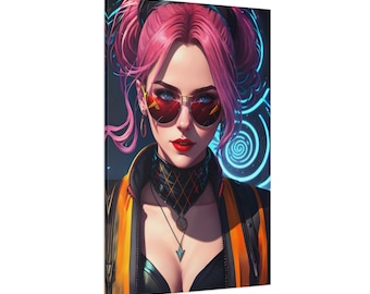 Toile de fille cyberpunk : portrait néon synthé