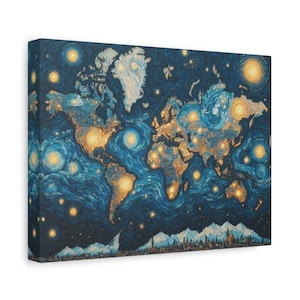 Mappa del mondo notte stellata pittura, Van Gogh la notte stellata pittura, mappa del mondo pittura, la notte stellata mappa del mondo tela, allungata, 1,25"