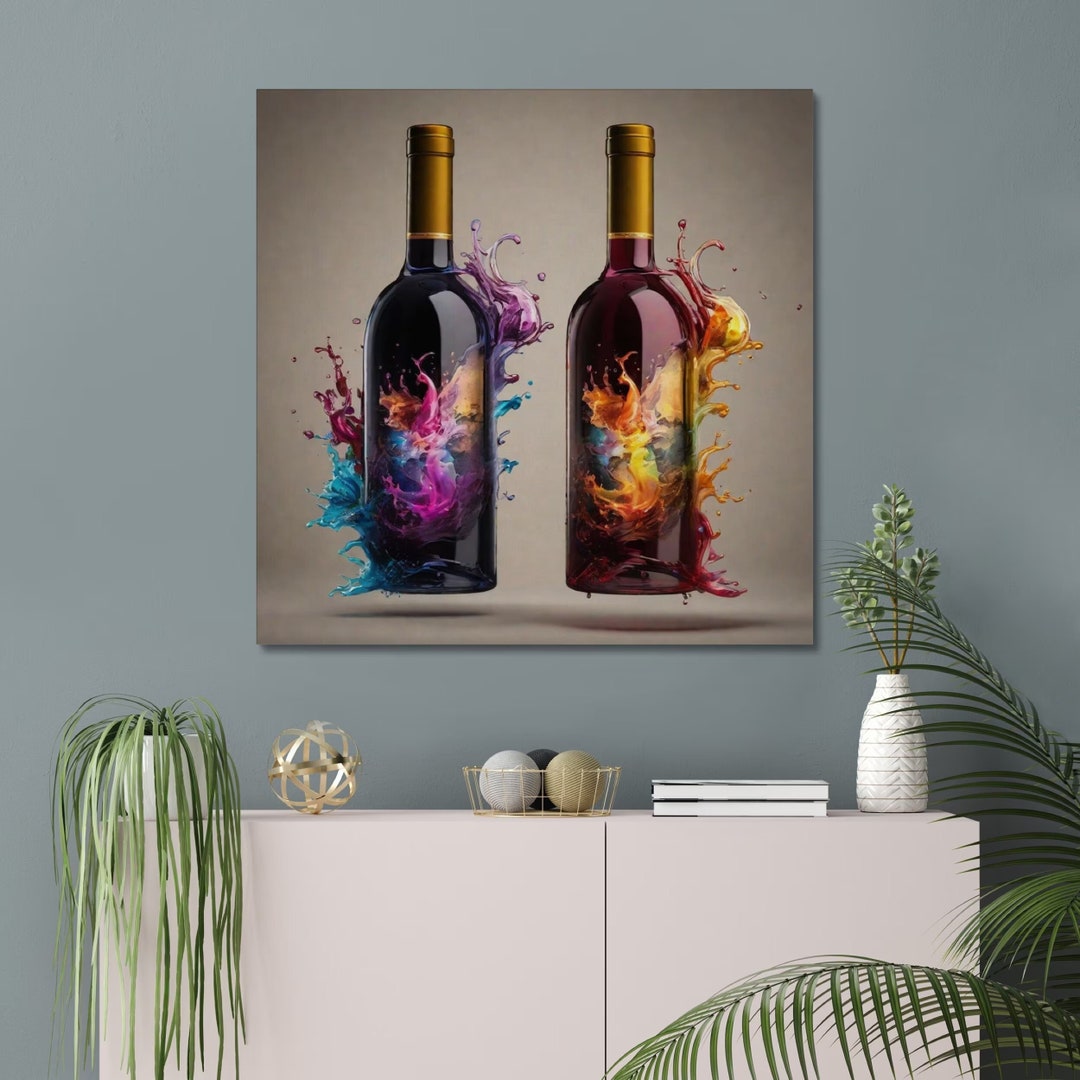 Colorful Wine Bottle Wall Art, Elegant Wine Splash Painting, Kitchen