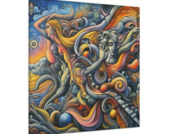 May include: Abstract painting with swirling lines and shapes in shades of blue, yellow, orange, and purple. The painting features a female figure with long flowing hair and multiple faces.