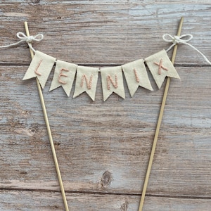 Handmade Birthday Name Linen Flag Pennant Cake Topper, Personalized Cake Topper, First Birthday Decor, Boys and Girls 1st Birthday Decor